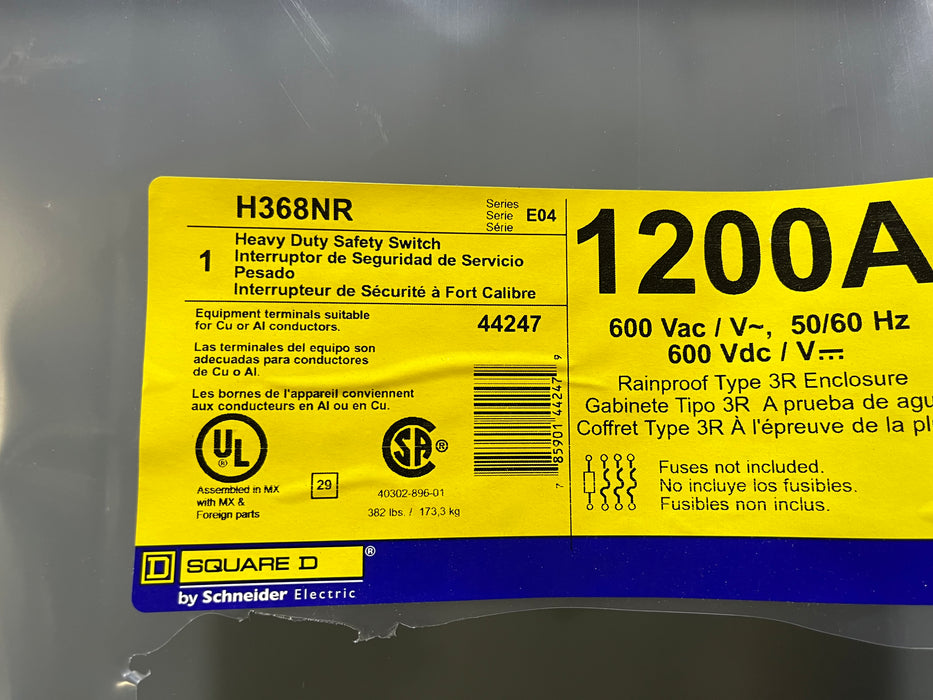 New H368NR Square D 1200 Amp Nema 3R Outdoor Fusible 600V Neutral 4 Wire